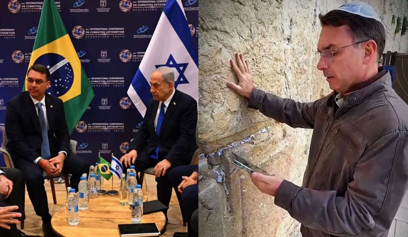colagem com fotos de flávio bolsonaro em visita a israel