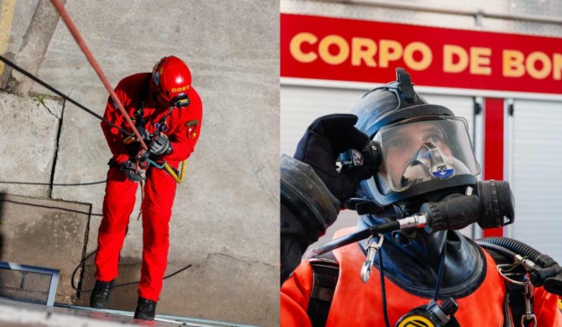 Bombeiro do GOST desce um prédio de rapel, enquanto outro veste roupa de mergulho