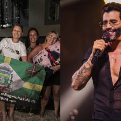 F&atilde;s de Gusttavo Lima na praia em Matinhos e cantor em show em montagem