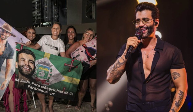 Fãs de Gusttavo Lima na praia em Matinhos e cantor em show em montagem