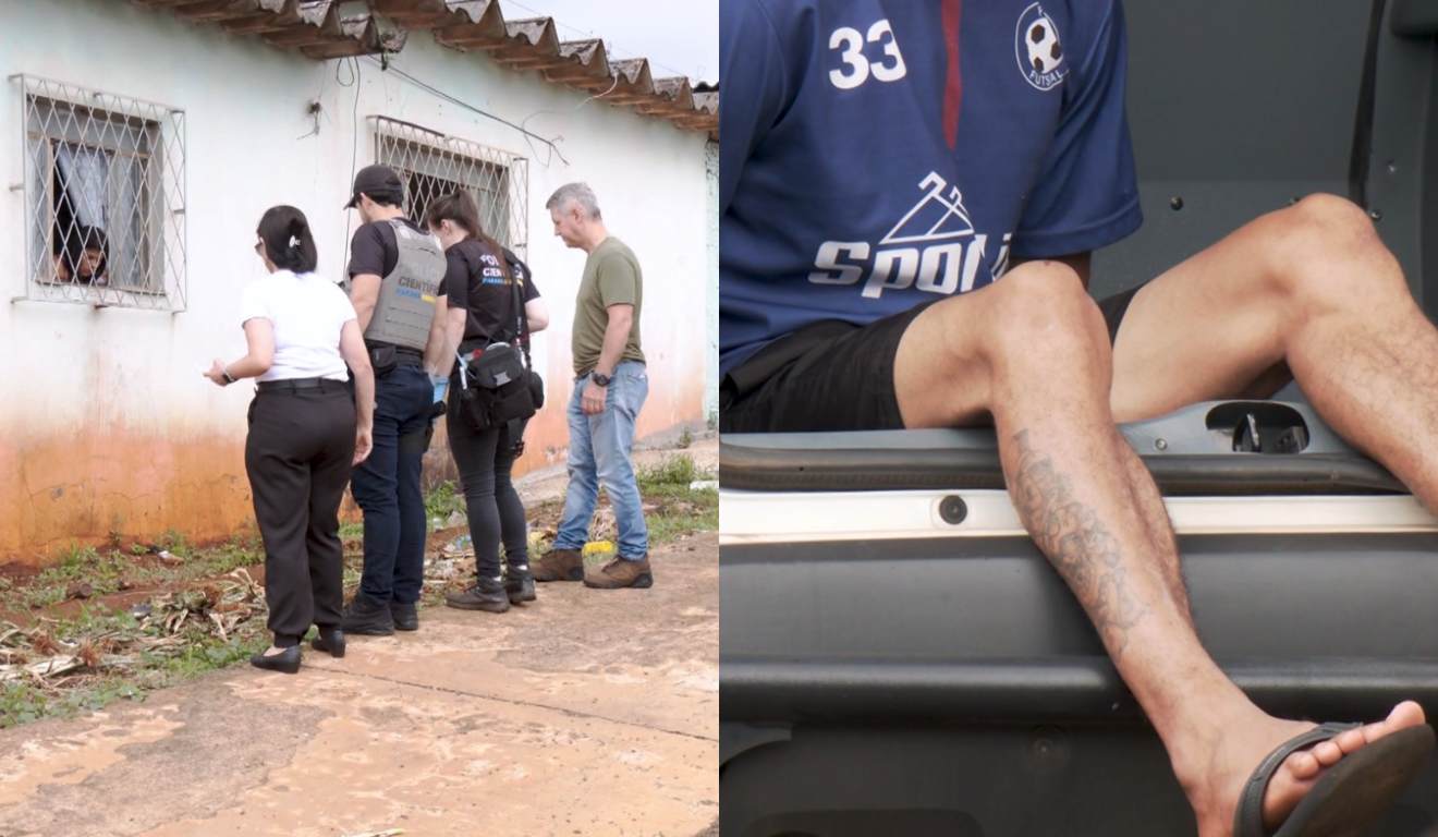 Policiais periciam o local onde homem foi decapitado; acusado do homicídio foi preso e levado em camburão.