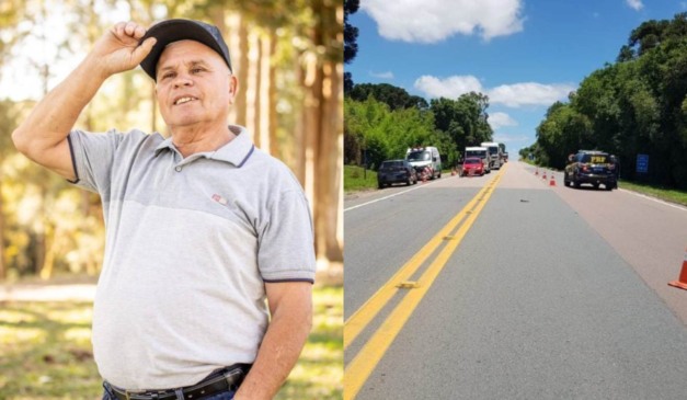 idoso que morreu atingido por carro e local de acidente em montagem