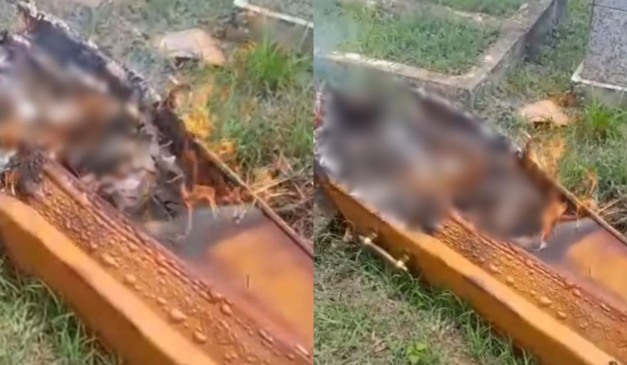 Montagem com fotos do caixão em chamas durante velório na Bahia