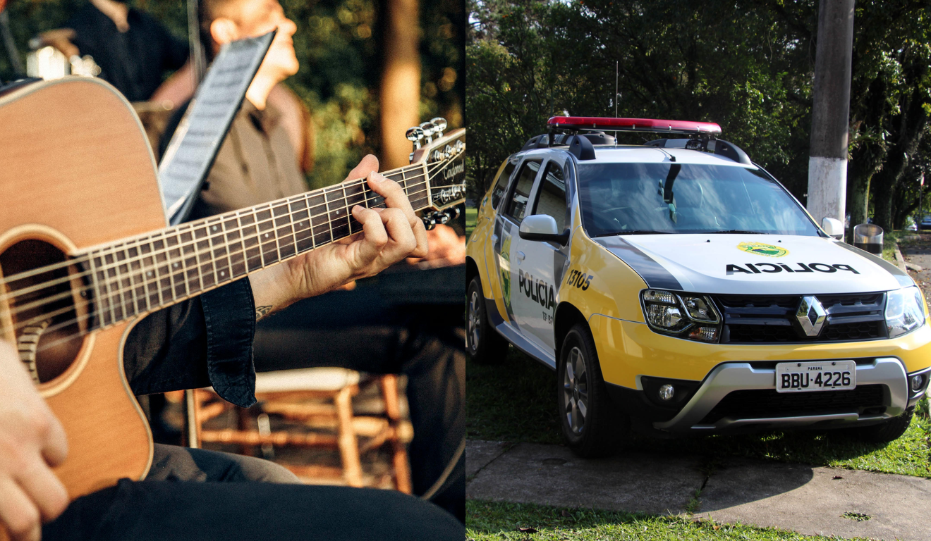 À esquerda, a imagem ilustrativa de um violão sendo tocado por um homem branco (só é possível ver suas mãos), simbolizando o irmão da vítima que cantou uma música ofensiva à irmã junto de um violão. À direita, vemos uma viatura da PMPR, que foi acionada duas vezes pela vítima.