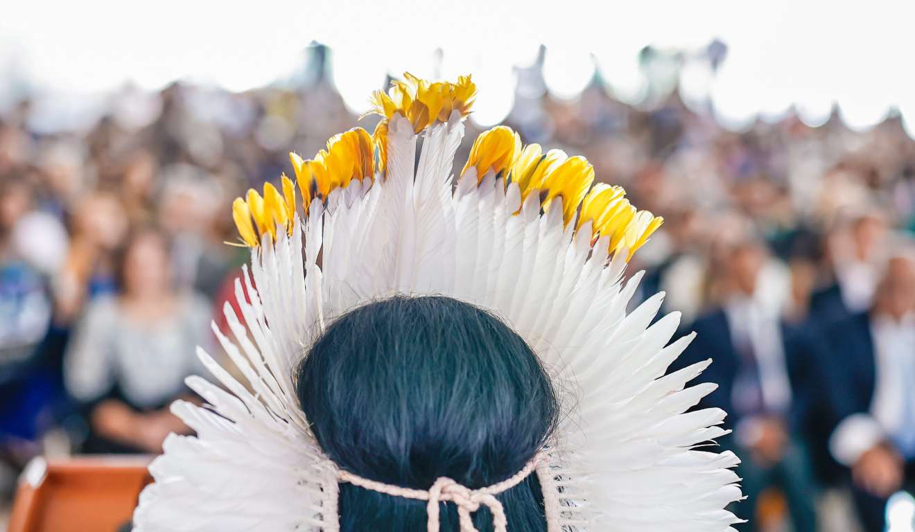 Adereço de penas típico dos povos indígenas do Brasil na cabeça da ministra Sonia Guajajara