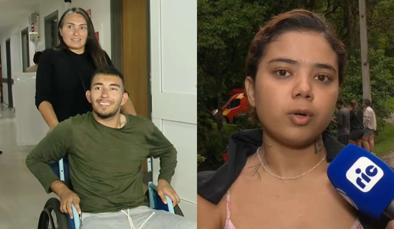 Jovem que estava desaparecido no Pico Paraná recebendo alta e amiga em montagem