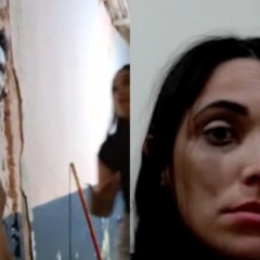 Momento em que jovem matou ex-namorado e ela prestando depoimento ao lado em montagem