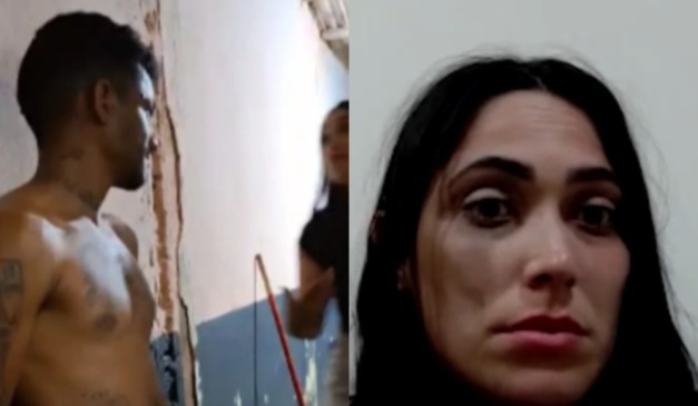 Momento em que jovem matou ex-namorado e ela prestando depoimento ao lado em montagem