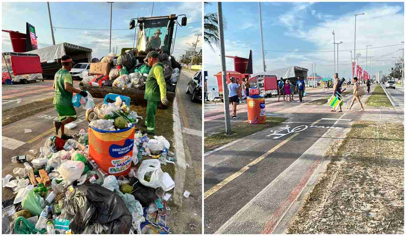 Orla de Matinhos suja com lixo e depois limpa em montagem