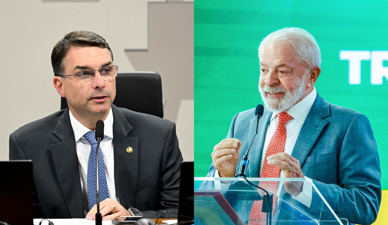 Colagem de fotos do senador Flávio Bolsonaro e do presidente Luiz Inácio Lula da Silva, que devem se enfrentar na eleição de 2026.