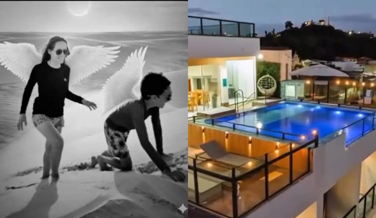 Montagem com foto de mãe e filho mortos em piscina, e da pousada em Maragogi
