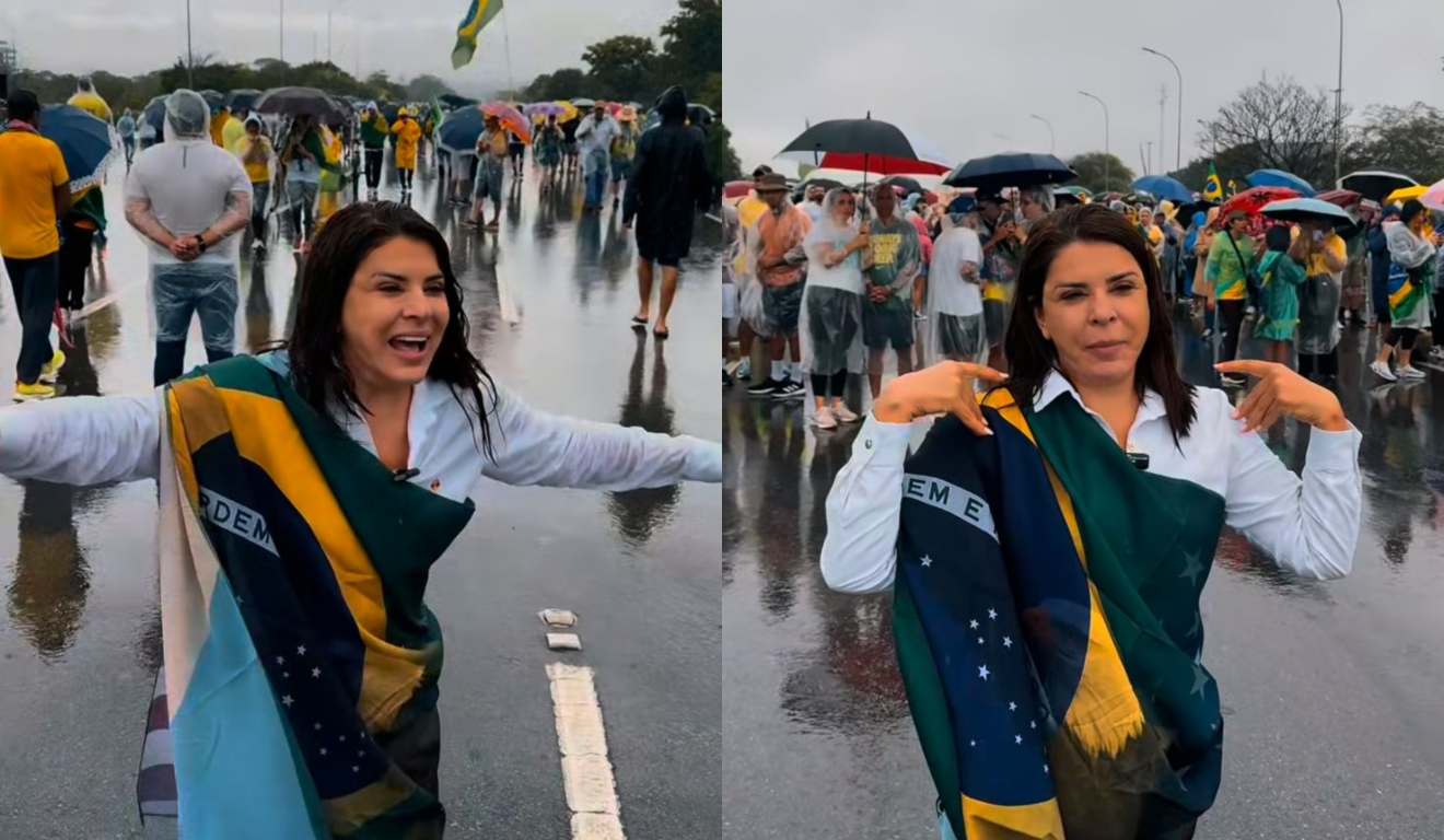 colagem com fotos de mara maravilha na caminhada do nikolas ferreira