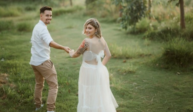 Isabel Veloso e o marido Lucas Borbas no dia do casamento