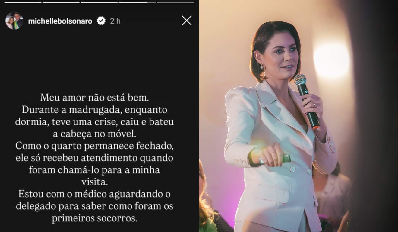 Postagem da ex-primeira-dama Michelle Bolsonaro no Instagram sobre queda do ex-presidente Jair Bolsonaro em cela na Polícia Federal.