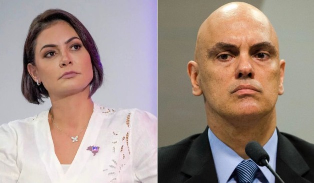 colagem com fotos de michelle bolsonaro e alexandre de moraes