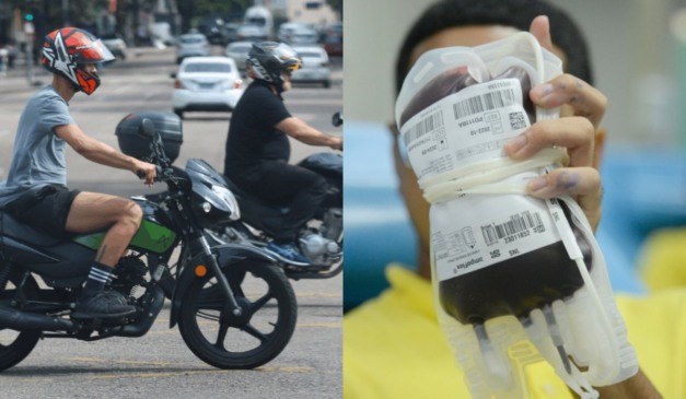 colagem com foto de motocicletas no trânsito e rapaz segurando bolsa de sangue