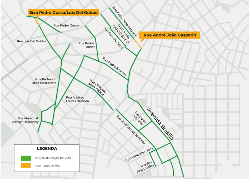 Croqui das ruas que serão requalificadas e da via que será aberta, nos bairros Capão Raso e Novo Mundo, em Curitiba. As obras fazem parte do Projeto Novo Inter 2.