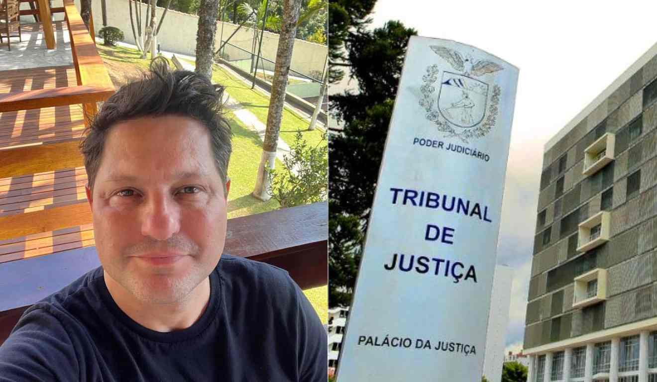 Colagem de fotos do jornalista e apresentador de TV Eleandro Passaia e da sede do Tribunal de Justiça do Paraná