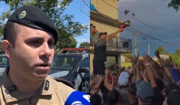 colagem com fotos de PM e confusão em entrega de carro em sjp