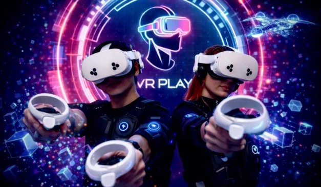 Jovens usam óculos de realidade virtual para promover o VR Play, o maior evento de cultura gamer do Brasil