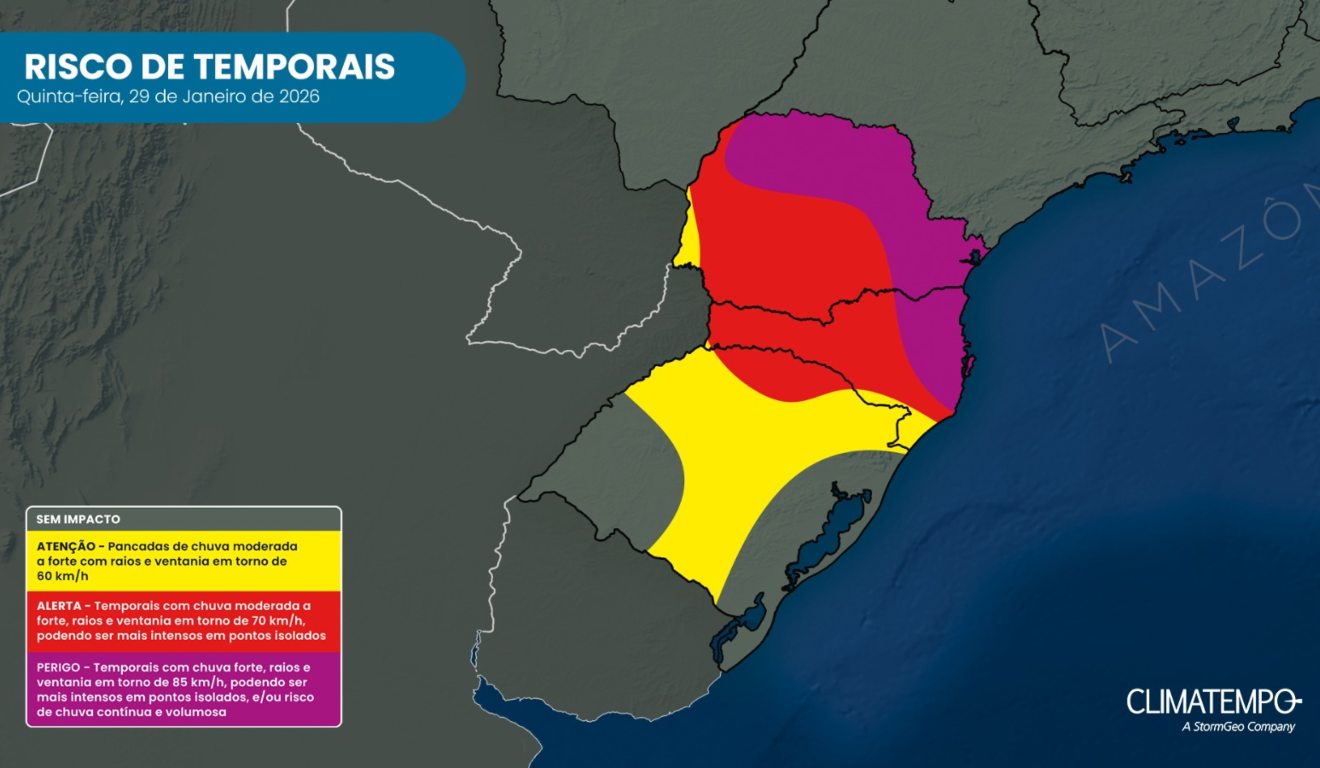 Mapa com Paraná com alerta de temporais