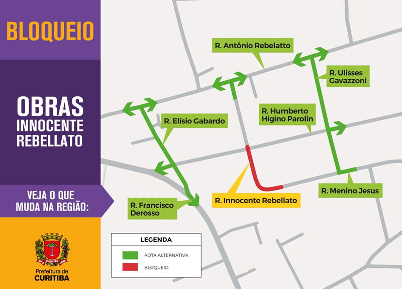 Rota alternativa aos motoristas afetados pela rua bloqueada no bairro Xaxim, em Curitiba.