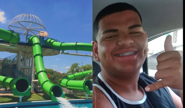 Montagem com foto de parque aquático e de Guilherme da Guerra Domingos, salva-vidas que morreu