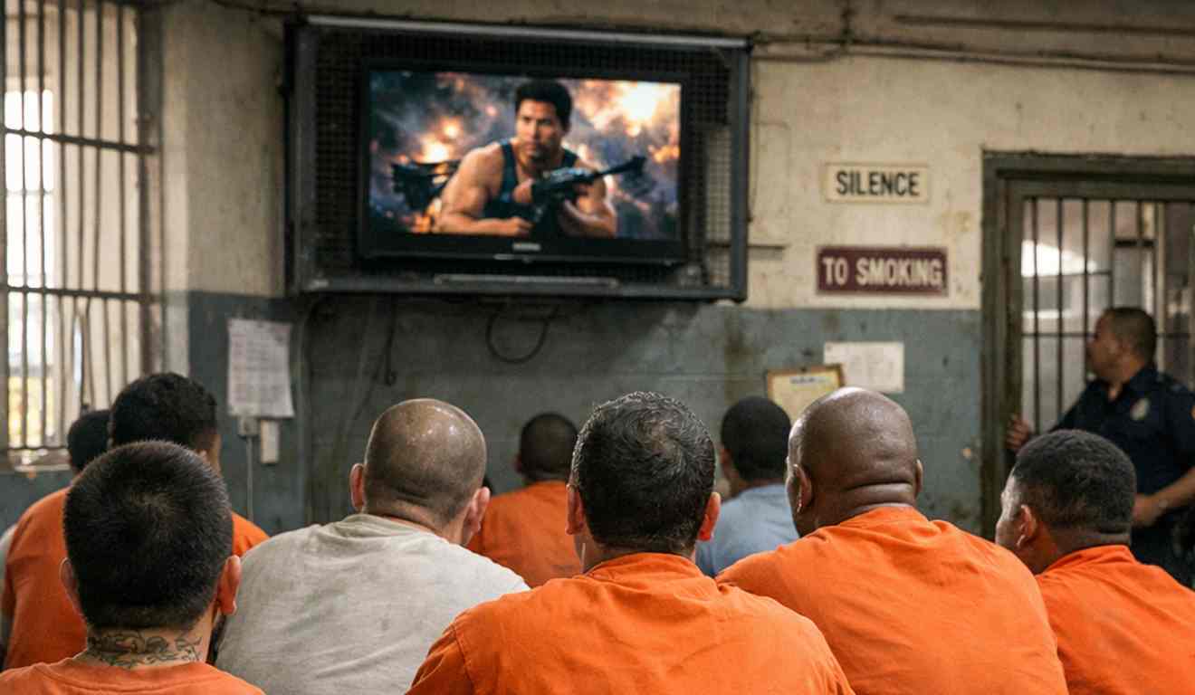 Imagem gerada por inteligência artificial mostra presos assistindo televisão em presídio.