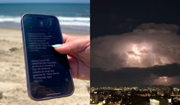 Celular notificando risco de temporal e raios antes de temporal no litoral do Paraná