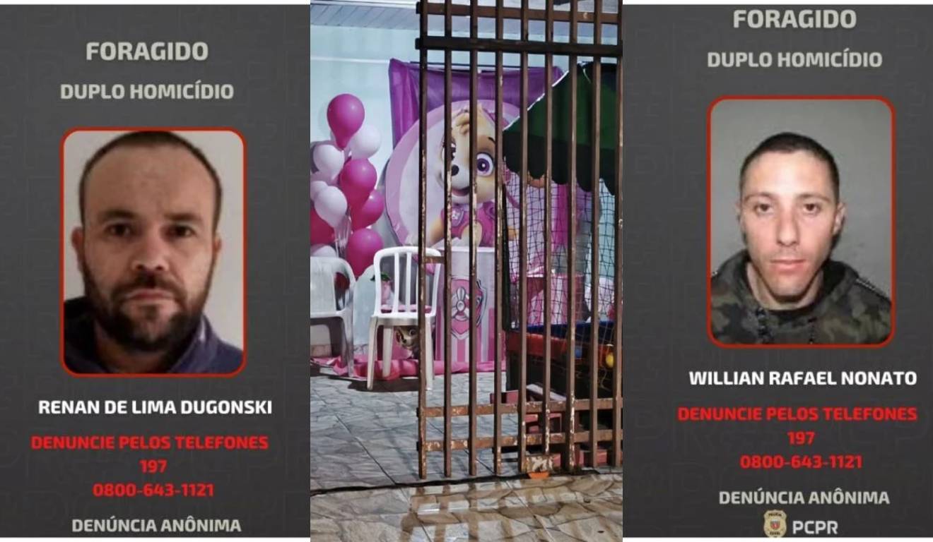 colagem com fotos de foragidos por tiroteio em festa infantil em curitiba