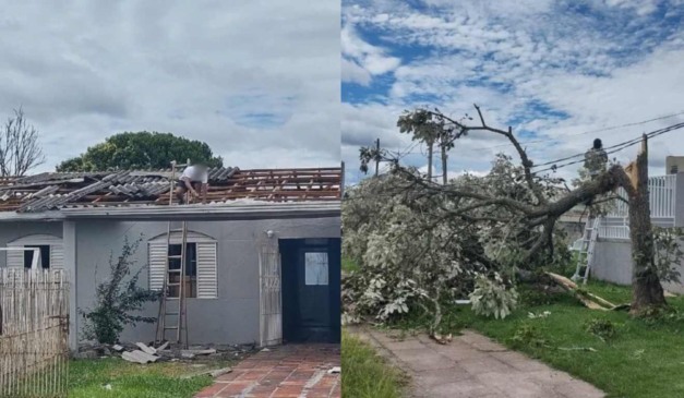 Colagem de fotos mostra estragos causados pelo tornado no bairro Guatupê, em São José dos Pinhais