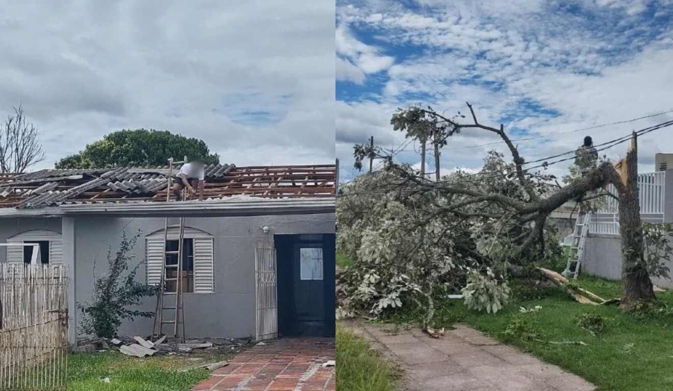 Colagem de fotos mostra estragos causados pelo tornado no bairro Guatupê, em São José dos Pinhais