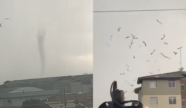 Montagem com fotos do possível tornado em São José dos Pinhais