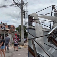 Colagem de fotos mostra estragos em casas causados pelo tornado em S&atilde;o Jos&eacute; dos Pinhais.