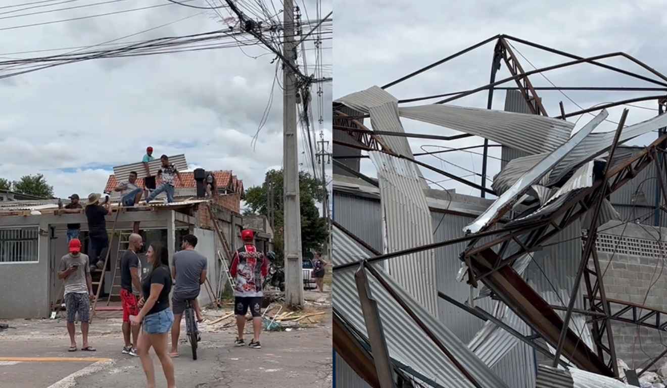 Colagem de fotos mostra estragos em casas causados pelo tornado em São José dos Pinhais.