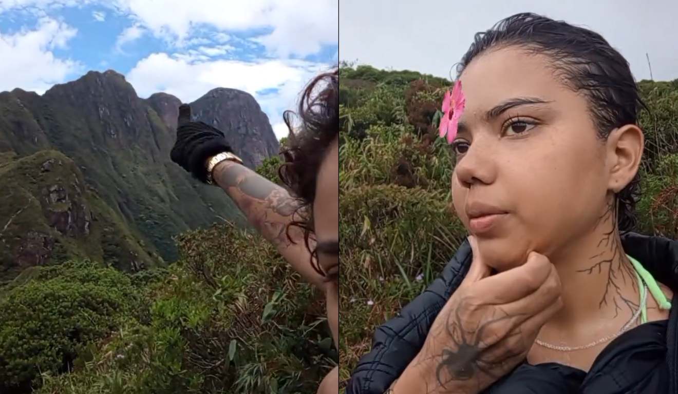 Montagem com fotos de Thayane em trilha onde jovem desapareceu no Pico Paraná