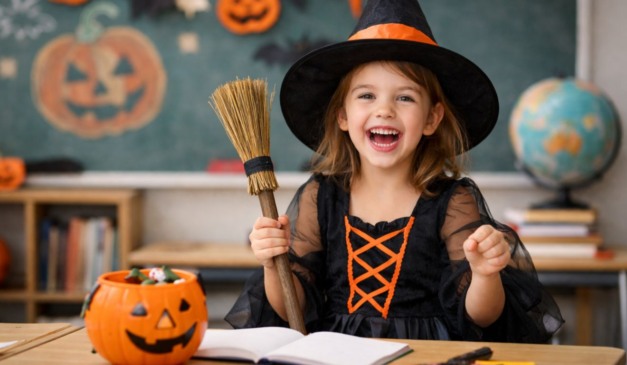 foto de menina feliz em festa de halloween na escola