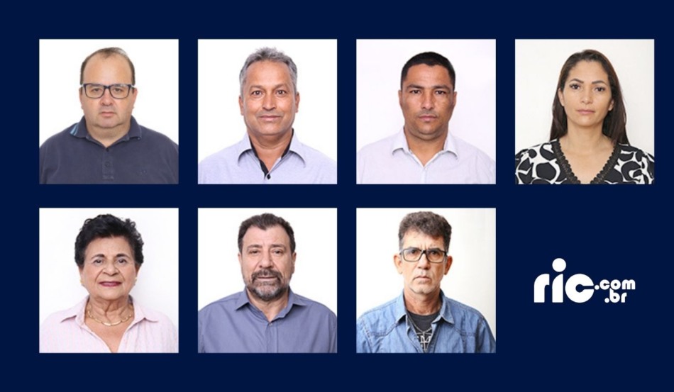 Colagem de fotos com os rostos dos sete vereadores de Francisco Alves condenados por compra de voto.