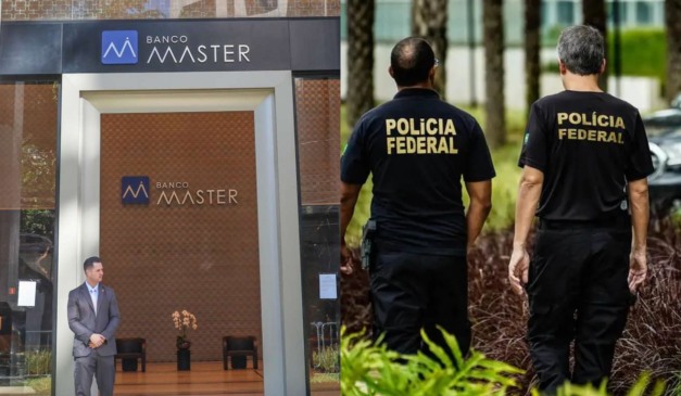 colagem com foto da fachada do banco master e agentes da polícia federal