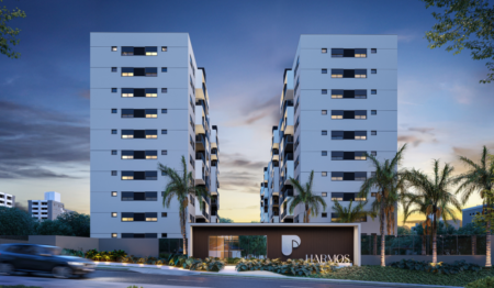 Fachada do empreendimento Harmos Londrina com torres residenciais modernas, entrada principal e paisagismo com palmeiras ao entardecer. Fachada do empreendimento Harmos Londrina com torres residenciais modernas, entrada principal e paisagismo com palmeiras ao entardecer.