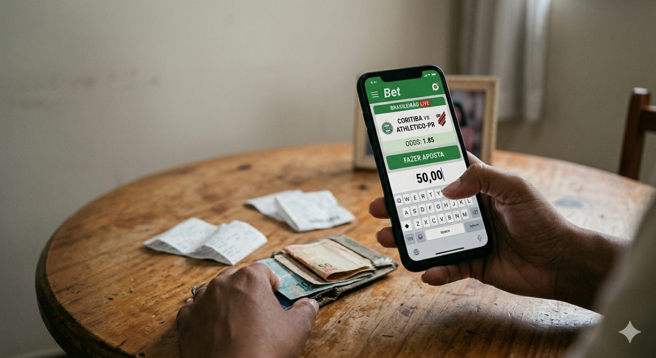 Vista em primeira pessoa das mãos de uma pessoa segurando um smartphone com um aplicativo de apostas esportivas aberto, mostrando as probabilidades de um jogo de futebol. Uma mão segura o telefone, enquanto a outra paira sobre a tela, com o cursor pronto para fazer uma aposta. O smartphone está apoiado em uma mesa de madeira gasta, onde se veem uma carteira aberta com dinheiro brasileiro e alguns recibos amassados. O fundo está embaçado, mas sugere um ambiente doméstico simples. A imagem transmite a sensação de um momento de decisão financeira iminente, com foco na tecnologia e no dinheiro.