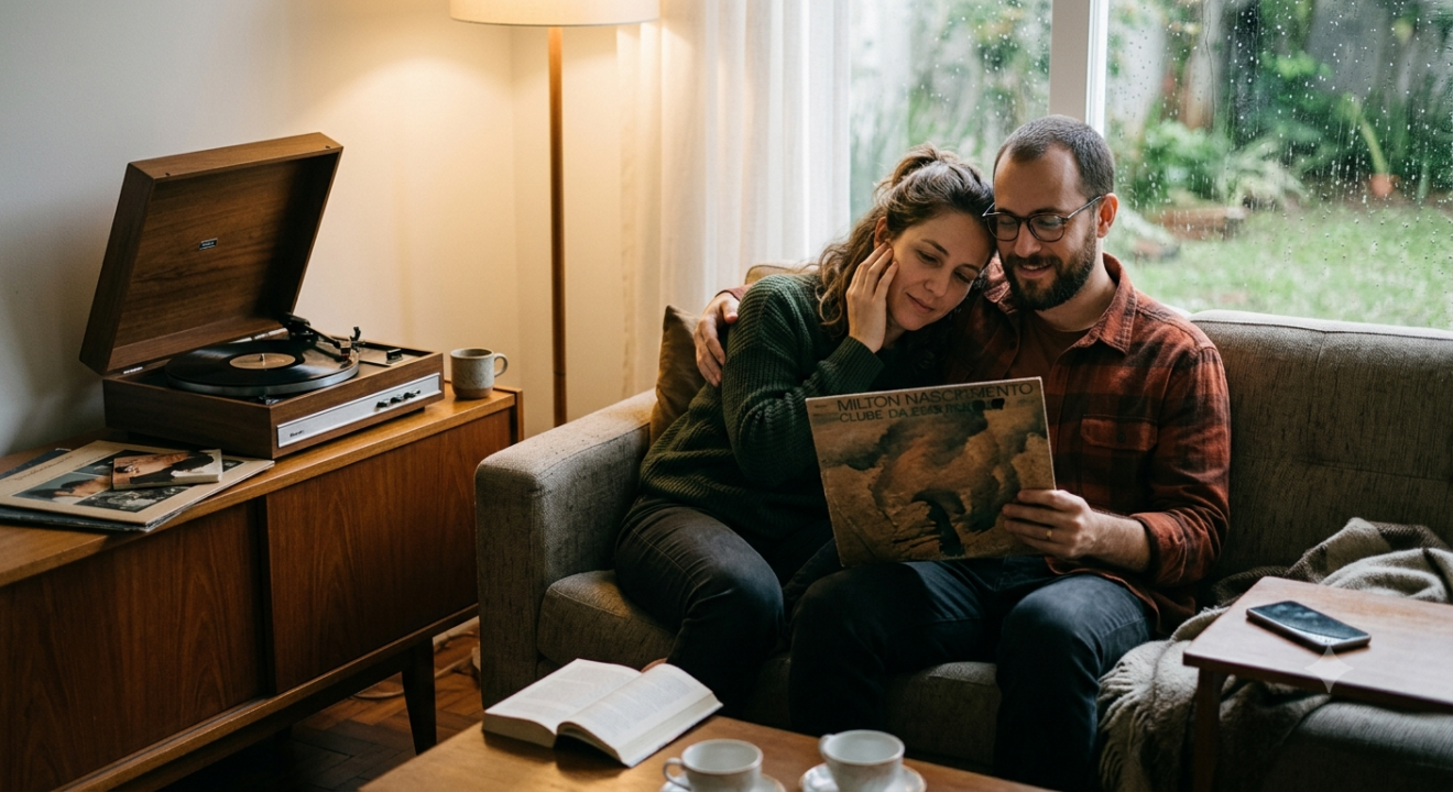 Casal sentado em um sofá aconchegante em uma tarde chuvosa, ouvindo um disco de vinil em uma vitrola de madeira, com xícaras de café e livros na mesa de centro.