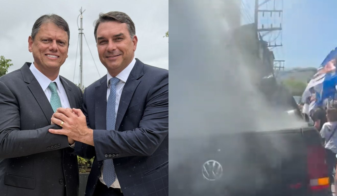 Carro de campanha de Tarcísio pega fogo durante ato com Flávio Bolsonaro em SP