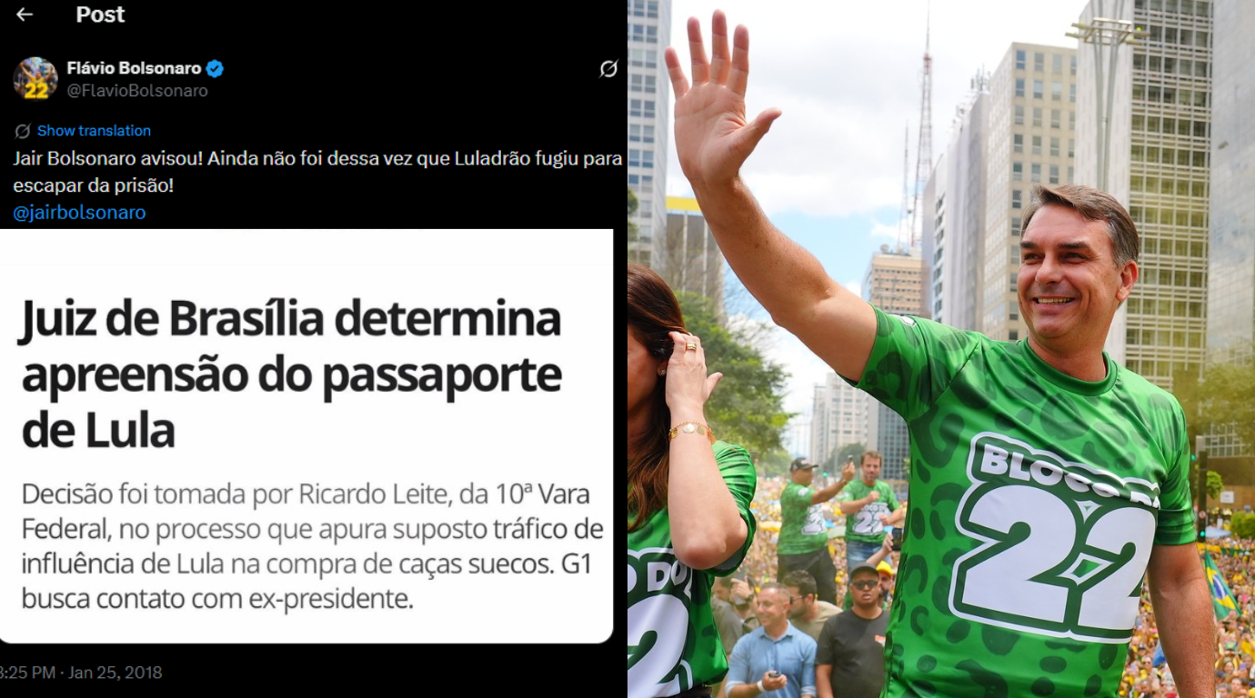 Post de Flávio Bolsonaro sobre passaporte de Lula volta a viralizar após saída do Brasil