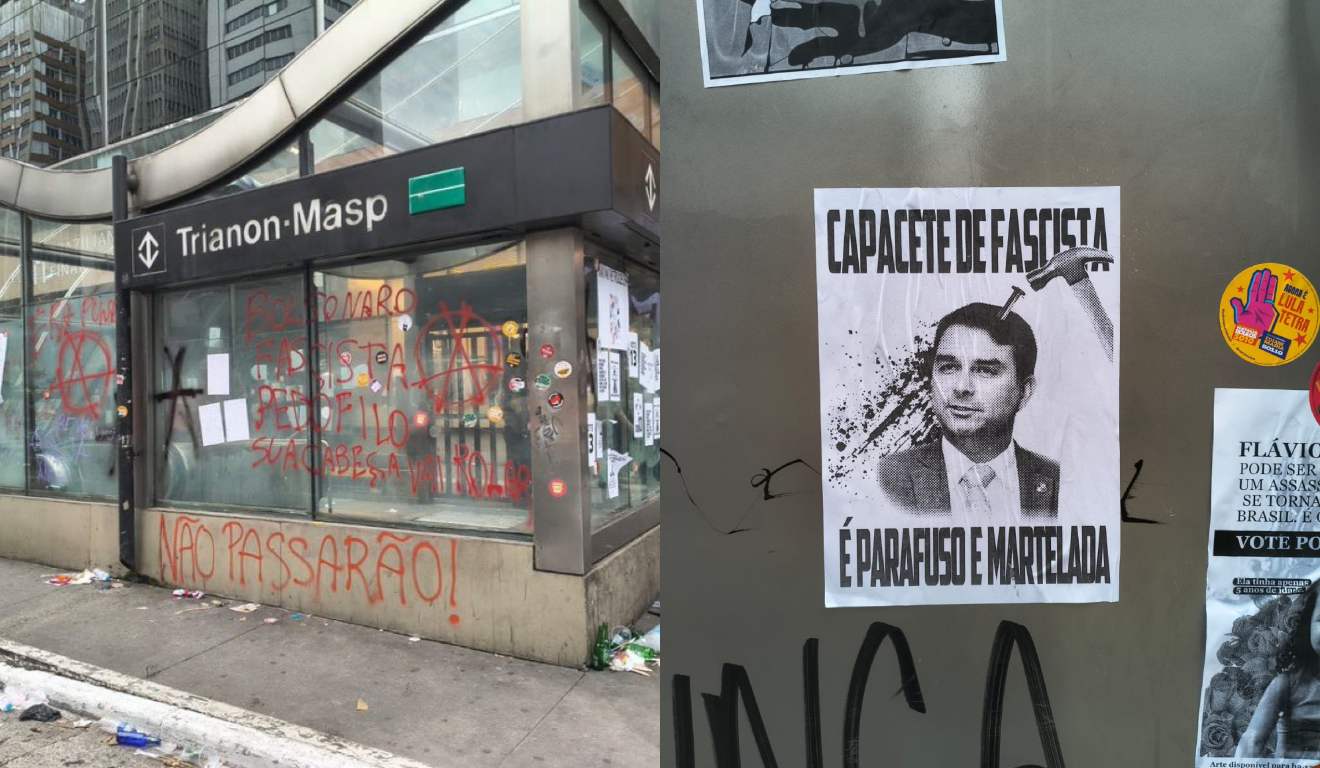 Funcionários limpam sujeira e pichações após ato de Lula na avenida Paulista